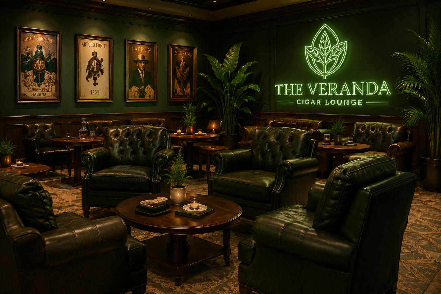 The Veranda lounge interior with leather chairs and warm atmosphere